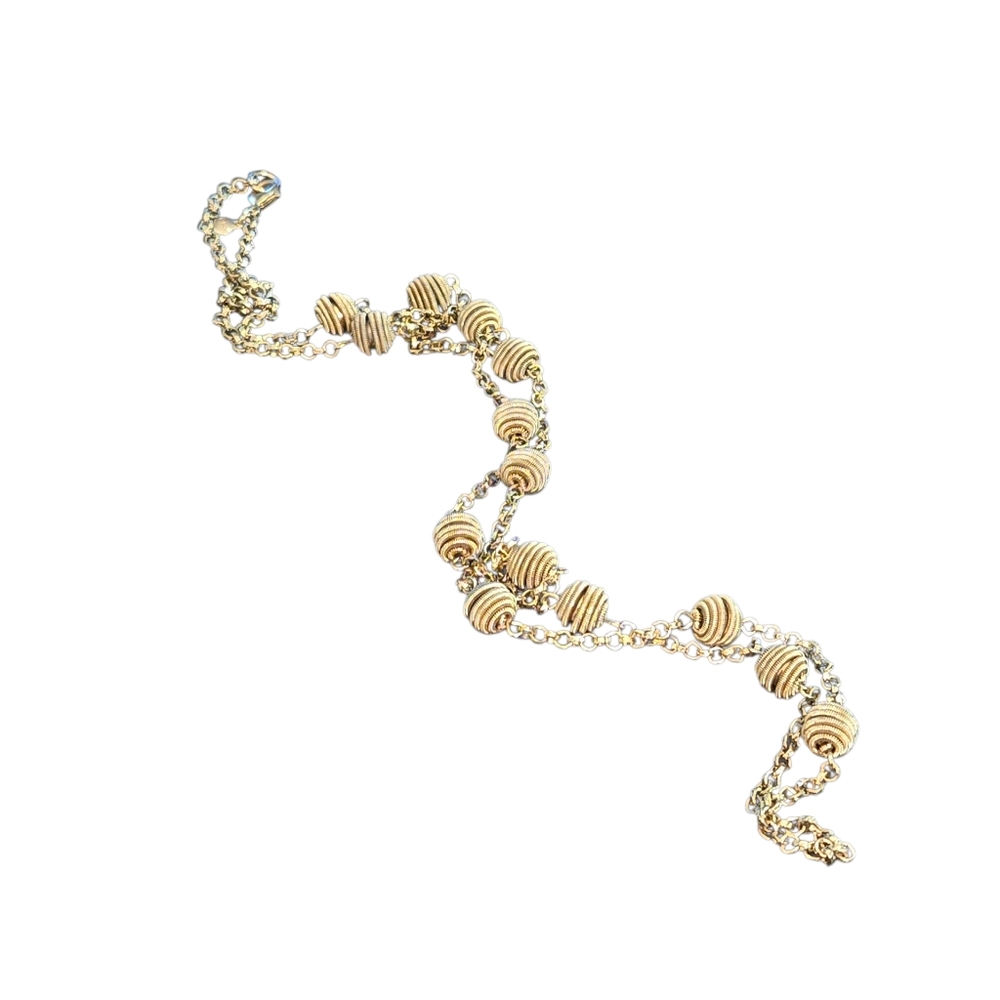 RMN Roman Signed‎ Gold Tone Beehive Coil Beaded Cable Chain Station Necklace 34"